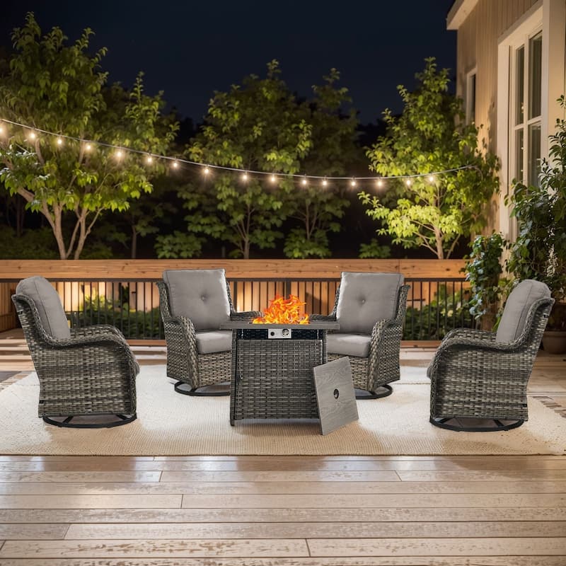 Gymojoy 5-Piece Outdoor Furniture Chair Set, 4 Swivel Chairs & 55K BTU Fire Pit Table - Grey Wicker / Grey Cusion - 5-Piece
