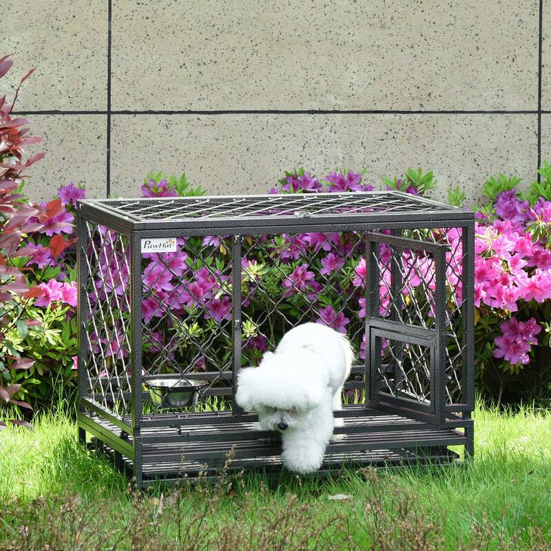 Modern Dog Crate Dog Kennel and Cage Dog Playpen with Lockable Wheels Slide-out Tray and Double Door Dog House