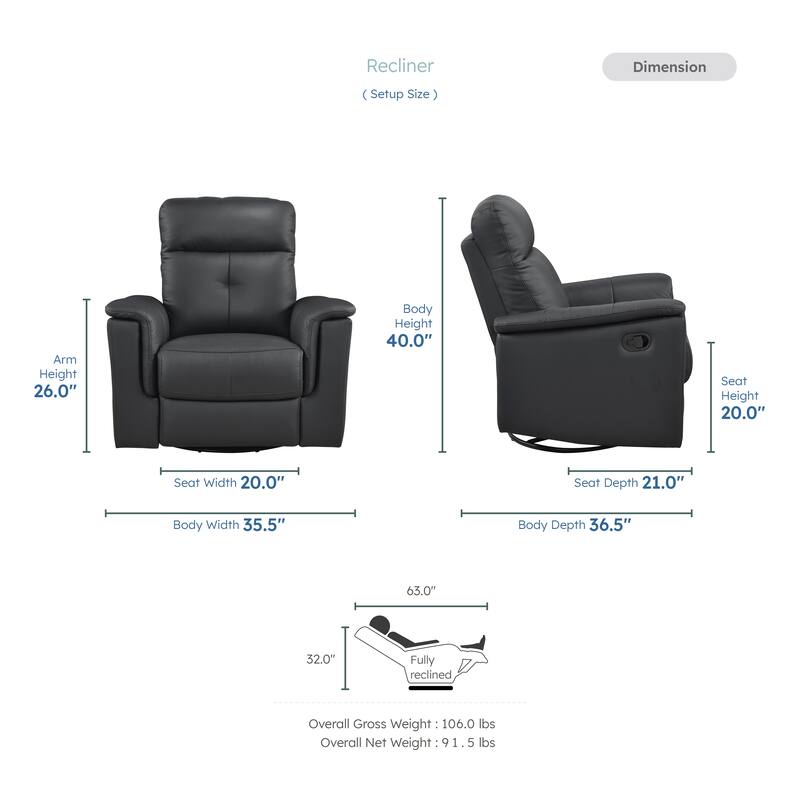 Monte 35.5" Leather Swivel Glider Manual Recliner - 360-Degree Swivel