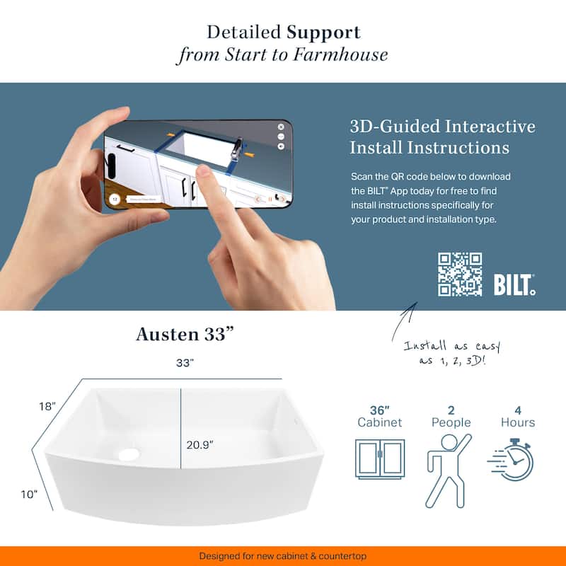Austen Crisp White Fireclay 33" Farmhouse Apron Front Bow Front Single Bowl Kitchen Sink with Bruton Chrome Faucet Kit