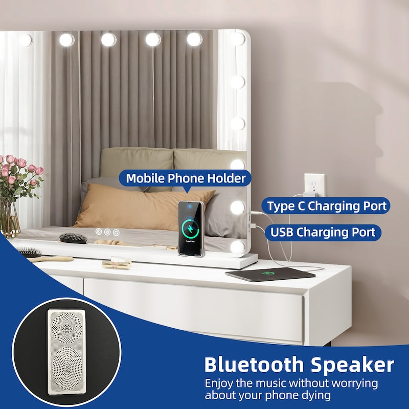 Moasis LED Lighted Makeup Mirror with Touch Screen 3 Colors Lighting Vanity Mirror w/ Wireless Charger and Speaker