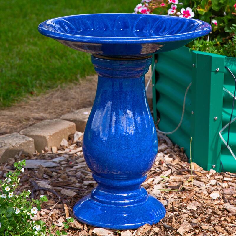 Sunnydaze Daisy Embossed Bowl Glazed Ceramic Bird Bath - Blue - 21.5" H