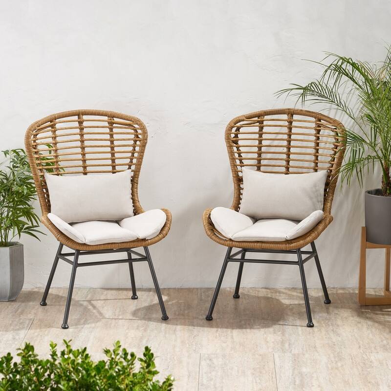 Outdoor Patio Rattan Chair with Metal Frame, Set of 2 - Brown