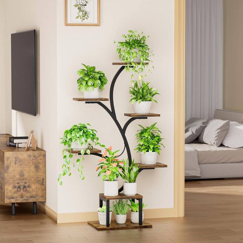 Brown-Black Wood Iron 7-Tier Plant Stand with Grow Lights and Timer - 29.45" L x 11.8" W x 48.9" H