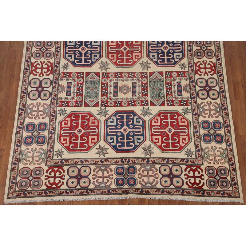 Hand Knotted Oriental 100% Wool Carpet Traditional All-Over Beige & Ivories Kazak Area Rug - 9' 7'' X 6' 6''