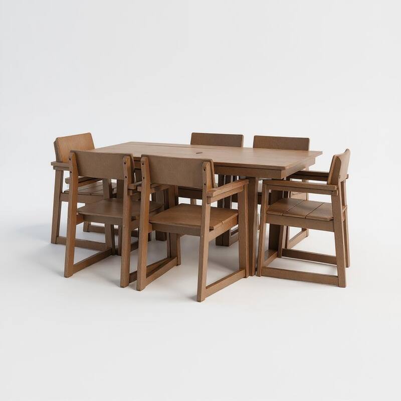 7-Piece HDPE Outdoor Dining Set for 6 - Weather-Resistant Patio Table with Umbrella Hole and 6 Armless Chairs