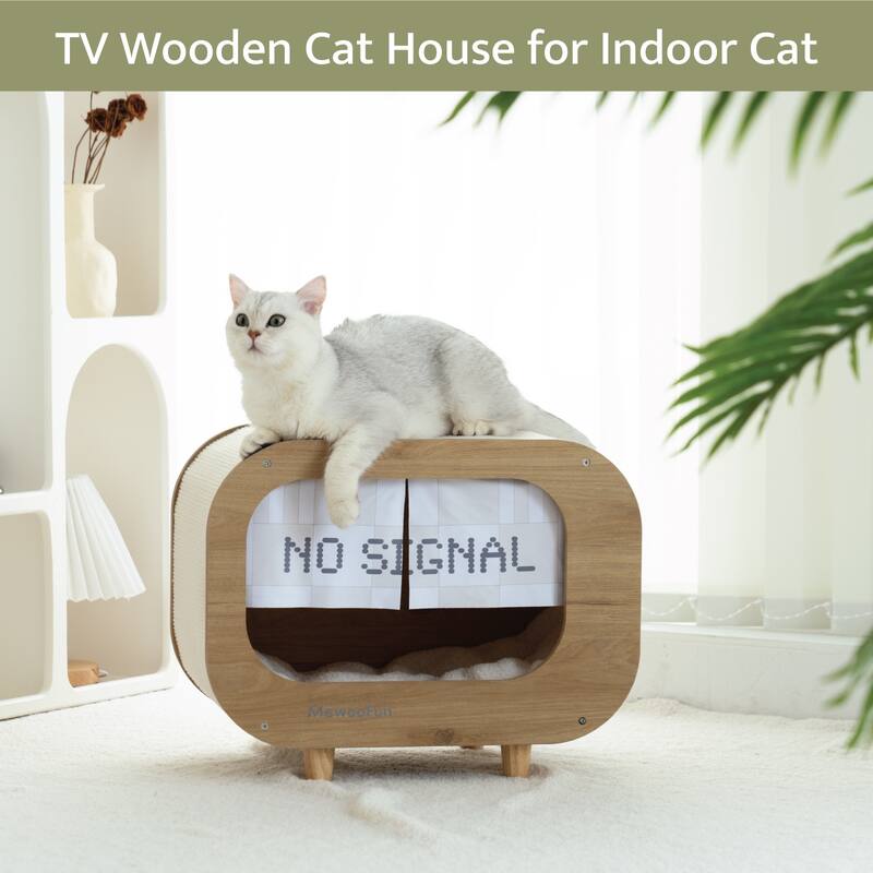 Wooden TV-Shaped Cat Bed, Cat House with Cushion