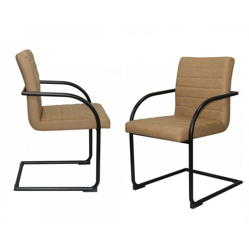 Set of 2 Faux Leather Arm Chairs with Solid Back and Black Metal Legs for Dining or Living Room - 34”H x 21.5”W x 23.8”D