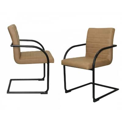 Set of 2 Faux Leather Arm Chairs with Solid Back and Black Metal Legs for Dining or Living Room - 34”H x 21.5”W x 23.8”D