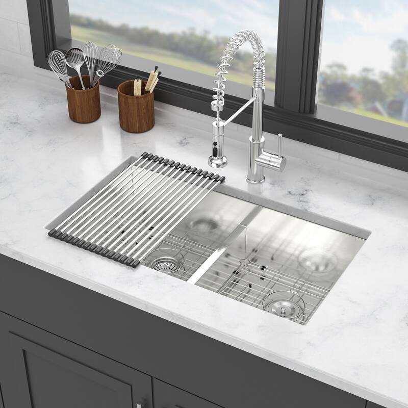 Double Bowl(50/50) Undermount Sink- 36" x 19" x 10" Double Bowl Kitchen Sink 16 Gauge with Two 10" Deep Basin