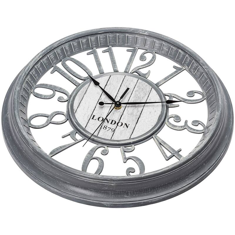 Large Wall Clock 16 Inch Gray Noiseless Battery Operated Quality Quartz Rustic Farmhouse Shabby Chic Vintage Design