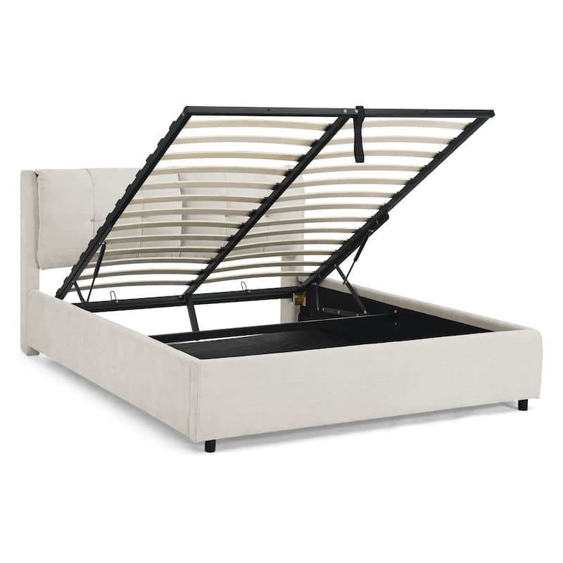 Queen Size Storage Upholstered Hydraulic Platform Bed with Integrated Headboard, Chenille Fabric