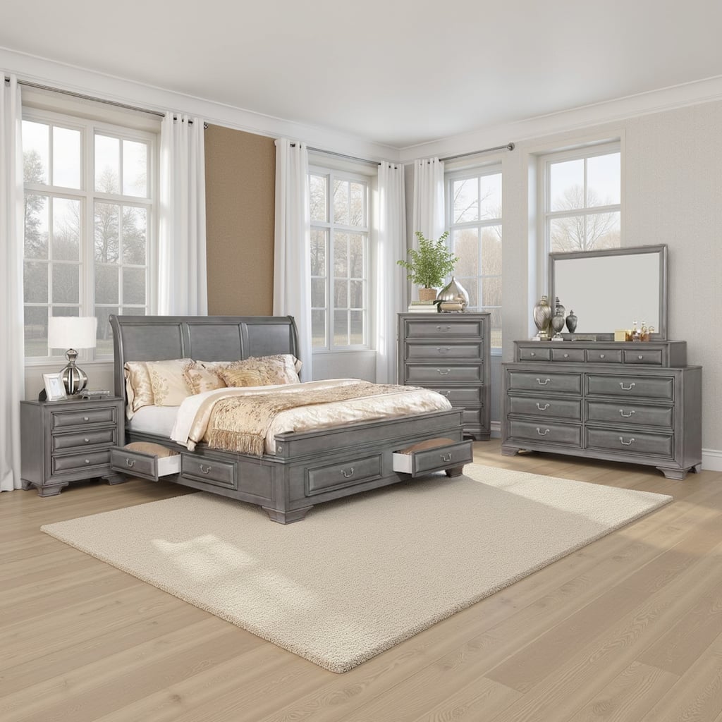 Lio Four Piece Queen Size Bedroom Set, Gray Wood Inlay Design, Nickel Metal Handles