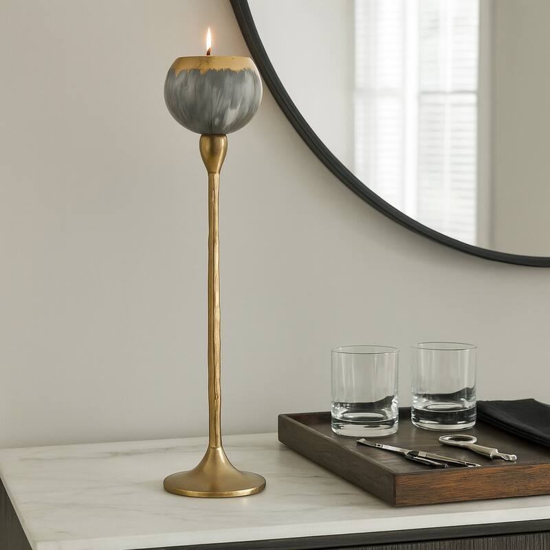 Glass Modern Stem Round Tealight Candle Holder - Gray/ Gold - 21.0"