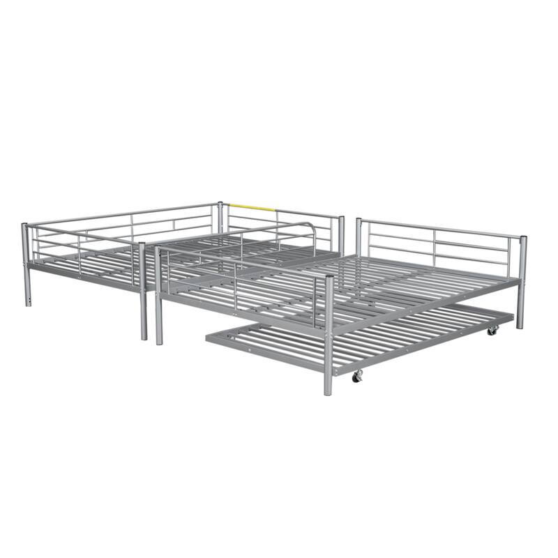 Full Over Full Metal Bunk Bed with Trundle, Silver Finish, Sturdy Iron Frame