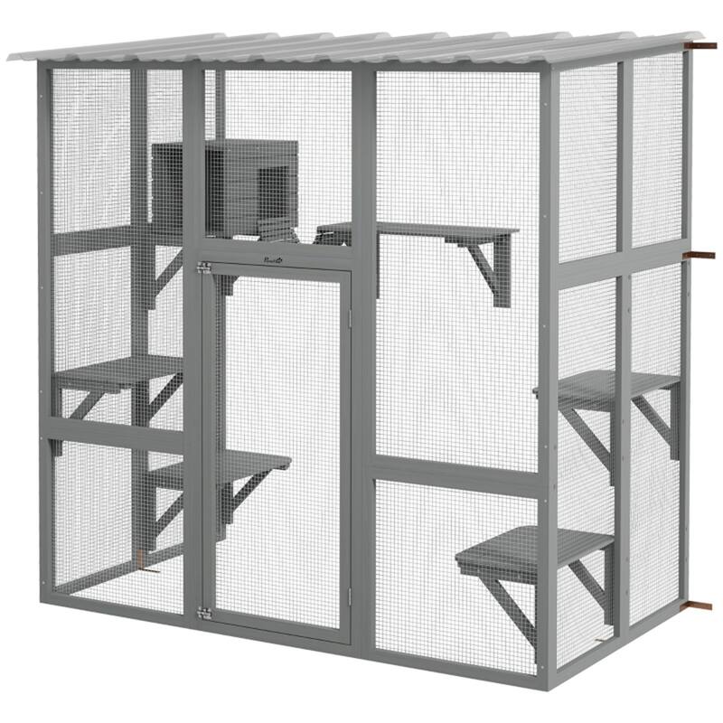 Grey Wooden Pet Cage with Multiple Jump Platforms for Playing and Lounging - Grey