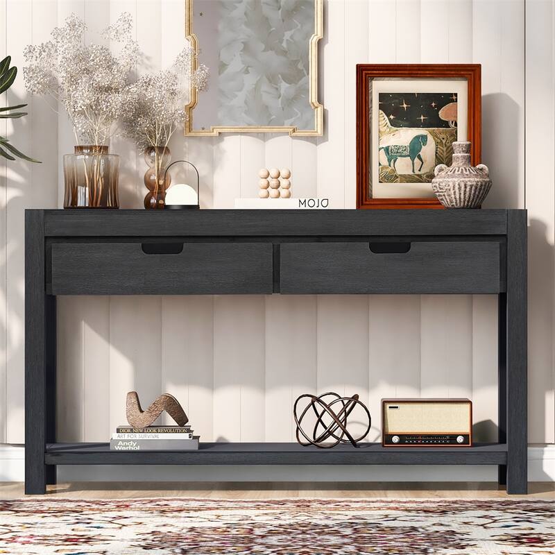 Wood Console Table with 2 Drawers and 1 Shelf for Hallway Living Room - Navy Blue