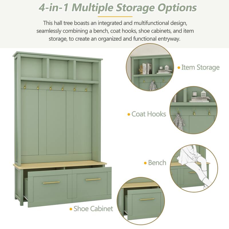 4-in-1 Hall Tree with 6 Golden Hooks Wooden Bench 2 Drawers for Entryway