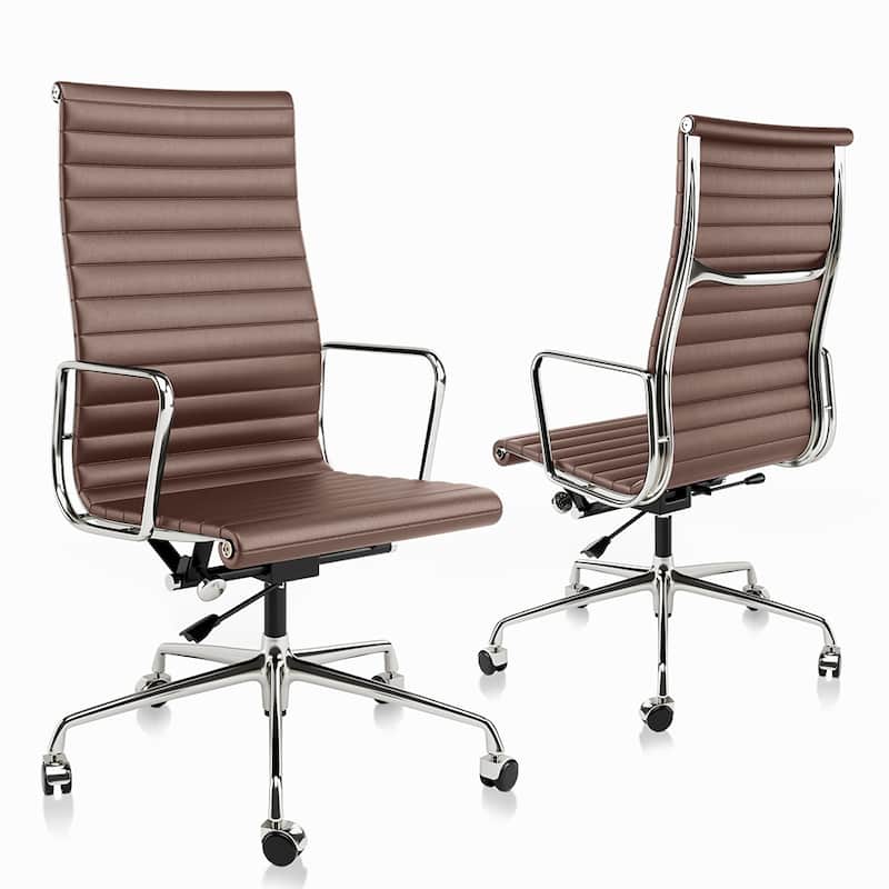 High Back Ergonomic Genuine Leather Ribbed Office Computer Chair - Brown High Back