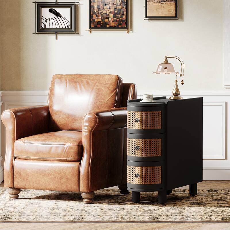 3-Drawer Solid Wood End Side Table Rattan Nightstand Bedside Table