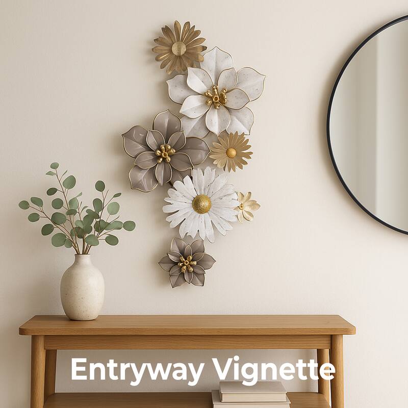 Floral Metal Wall Art Vertical White Gold 3D Flower Accent 36"x19"