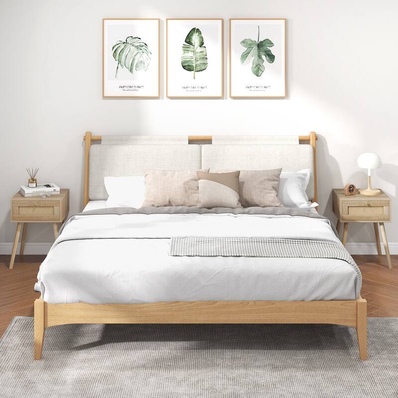 Set of 2 Natural Boho Nightstand with Rattan Drawer and Solid Wood Legs for Bedroom