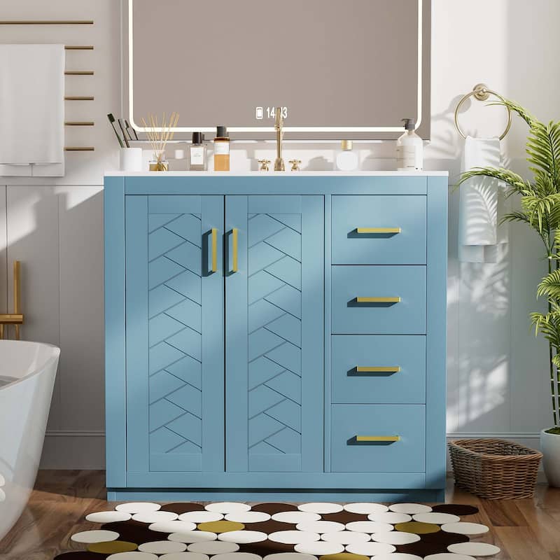 36" Bathroom Vanity with Ceramic Sink - Solid Wood, 3 Soft-Close Drawers, Storage Cabinet
