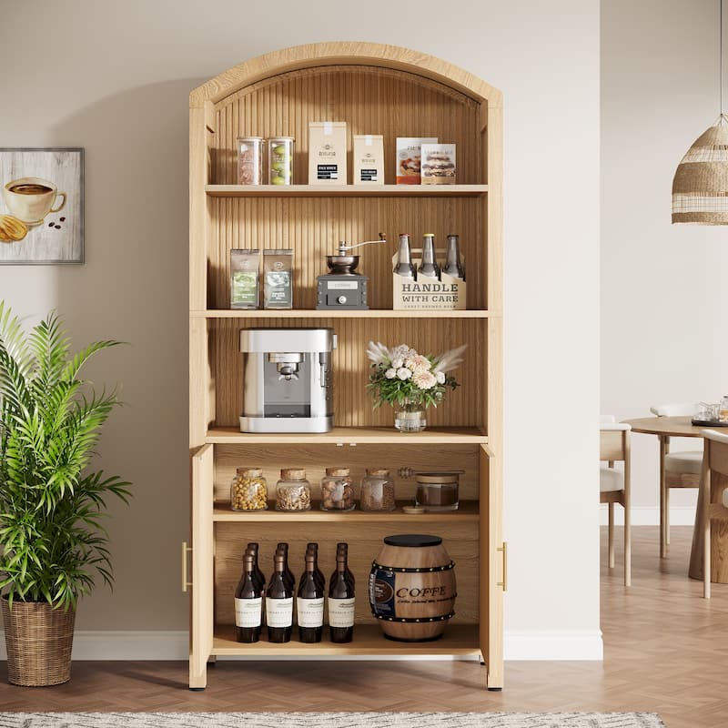 71" Tall Arched Kitchen Pantry Cabinet with Doors - Natural Wood