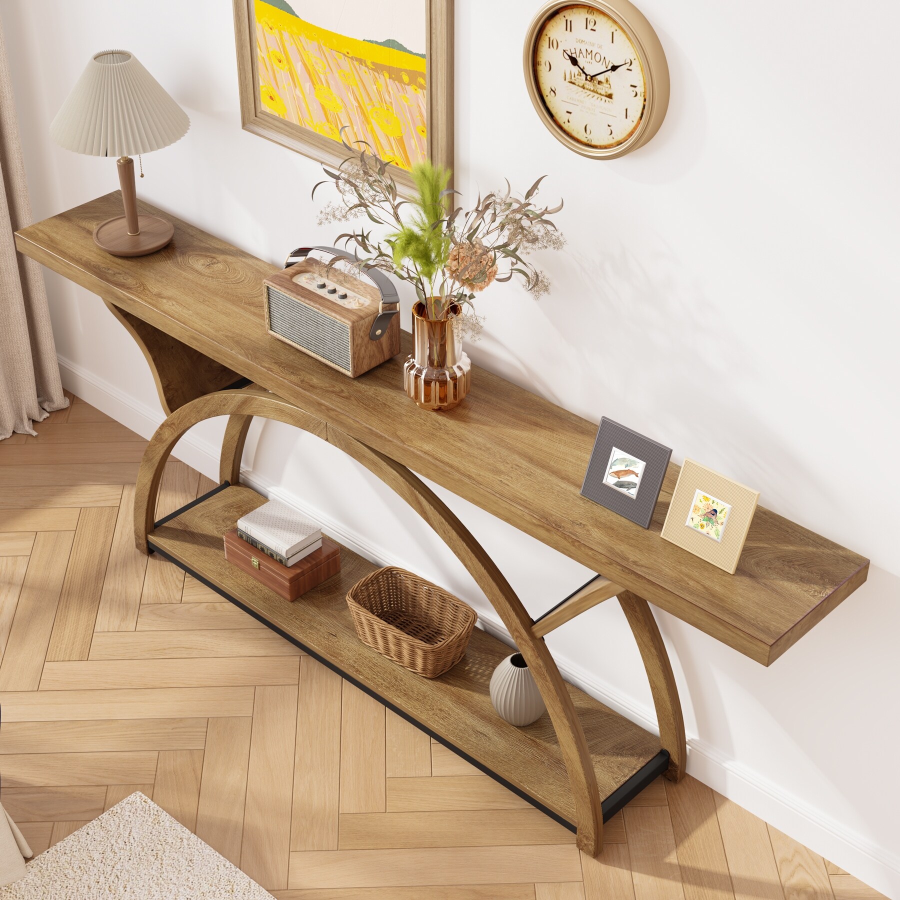 2-Tier Narrow Long Console Sofa Table with Semi-Circular Frame for