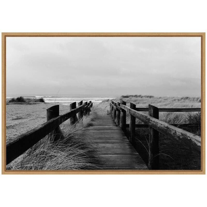 Kate and Laurel Sylvie Coastal Beach Boardwalk Black and White Framed Canvas by Patricia Hasz of Patricia Rae Photography