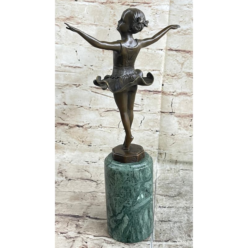 Ballerina Ballet Dancer Young Girl Bronze Figurine Sculpture On Green Marble Base