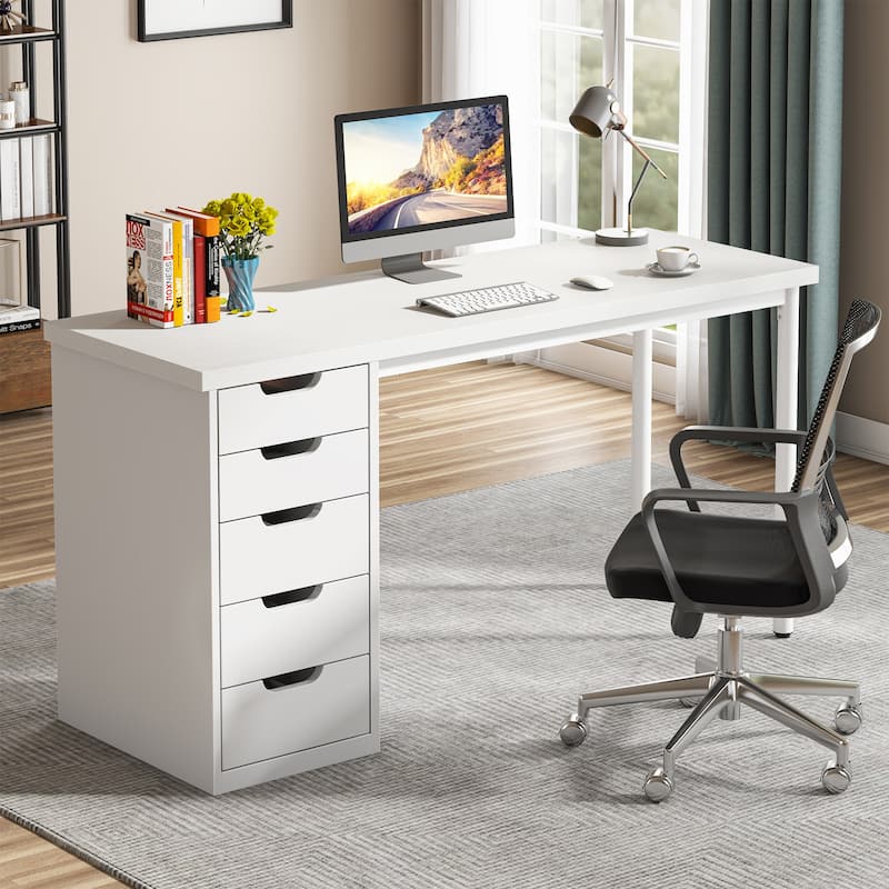 47-inch Computer Desk with 5-drawer, Wood and Metal Writing Desk for Study Living Room - White