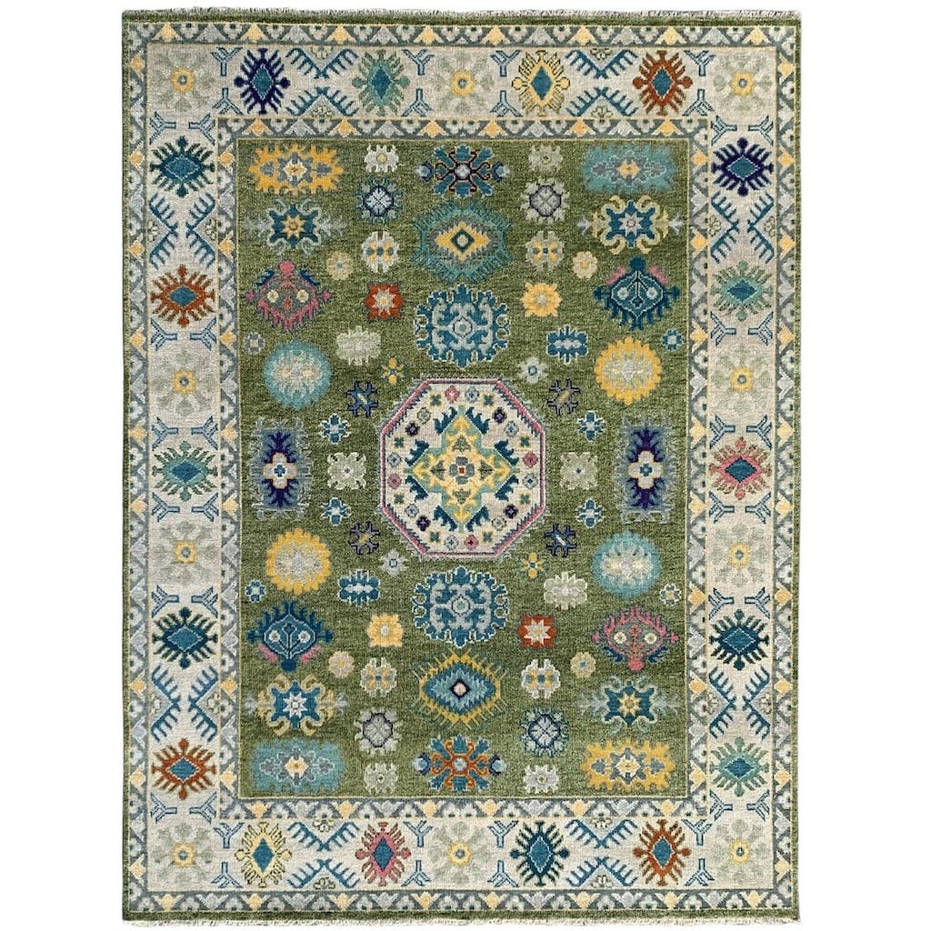 Light Green Beige Hand Knotted Wool Traditional Rug 8' x 10' - Ornamental Medallion 0.5" Pile Design - N/A