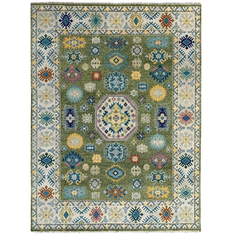 Light Green Beige Hand Knotted Wool Traditional Rug 8' x 10' - Ornamental Medallion 0.5" Pile Design - N/A