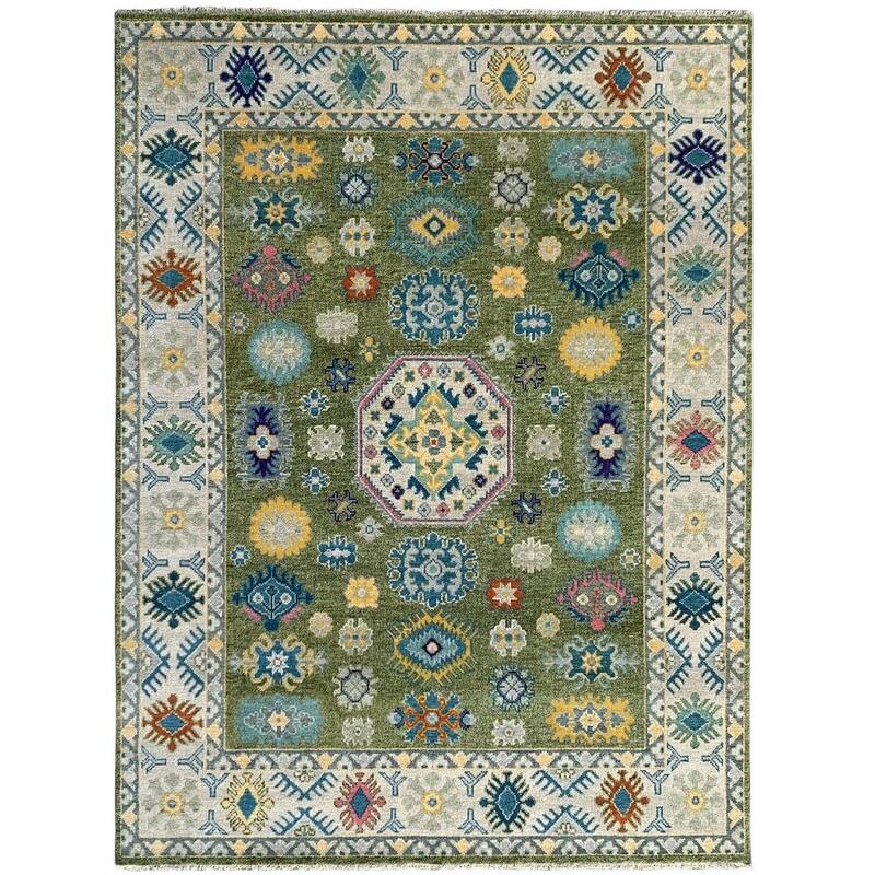 Light Green Beige Hand Knotted Wool Traditional Rug 9' x 12' - Ornamental Medallion 0.5" Pile Design - N/A
