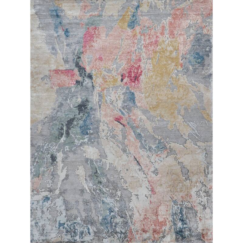 EXQUISITE RUGS Floor Art Hand-knotted Bamboo Silk Silver/Blush Area Rug.
