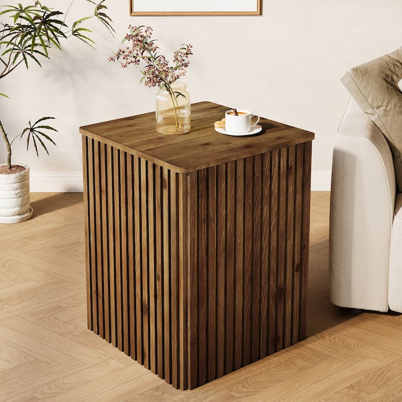 Solid Wood Fluted Side End Table with Storage and Removable Lid