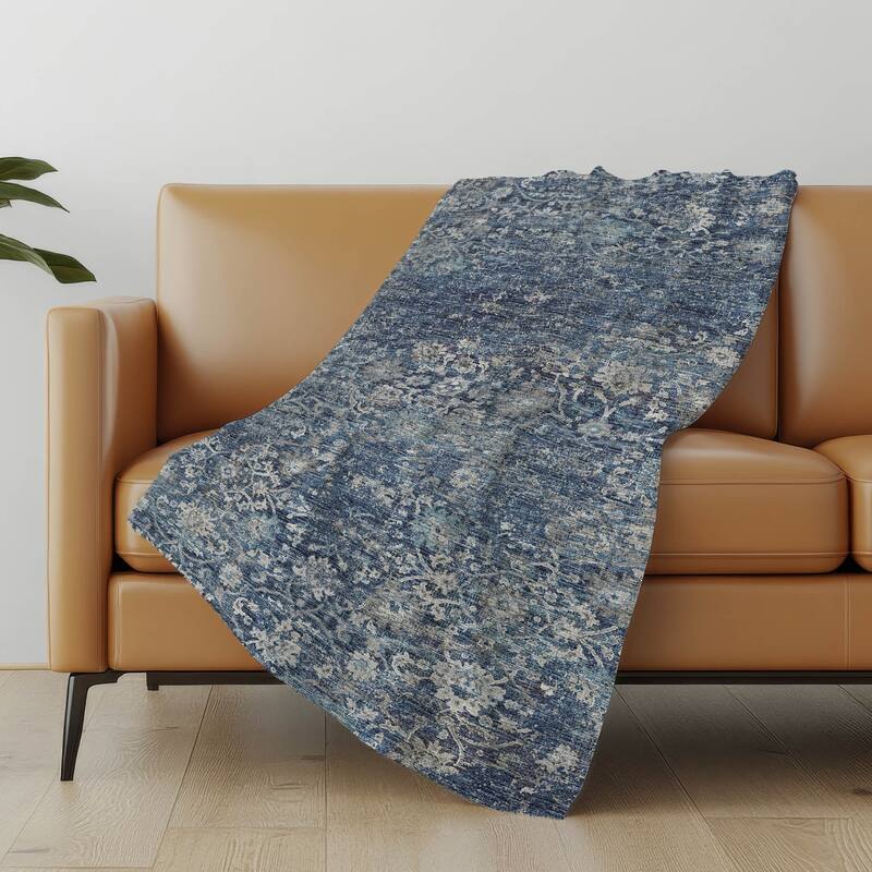 Premium Machine Washable ASB92 Vintage Traditional Sherpa Throw Blanket - Blue - 4'2" x 5'10"