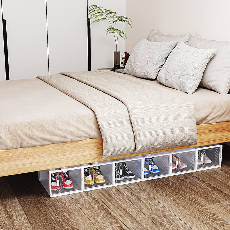 18-Pack Stackable Plastic White Modular Shoe Storage Boxes for Closet or Bedroom - 35 x 25 x 19 cm