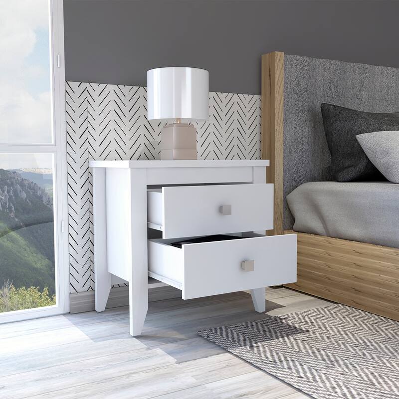 Two Shelves Nightstand with Four Legs, White Finish