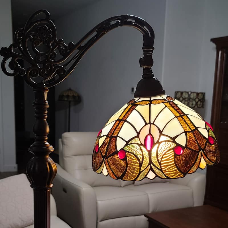 Beige Metal Torchiere Floor Lamp with Stained Glass Dome and 3 Way Switch - 12” x 12” x 62” (D x W x H)