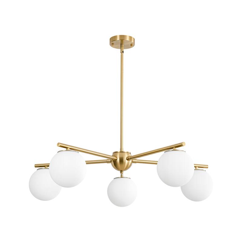 5-Light Brass Globe Chandelier, Modern Mid-Century Pendant for Living Room & Dining Room - 5 Light