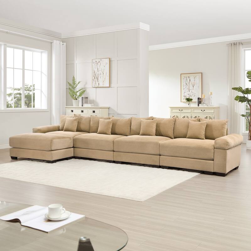 GDFStudio - Corduroy L-Shaped 4-Seater 167.6" Cloud Modular Sectional Couch with Ottoman