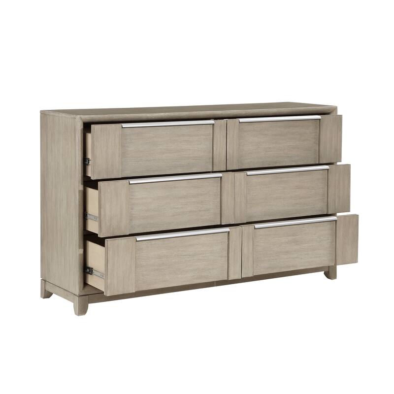 Owen 64 Inch Dresser, 6 Drawers, Pewter Tone Handles, Light Beige Finish