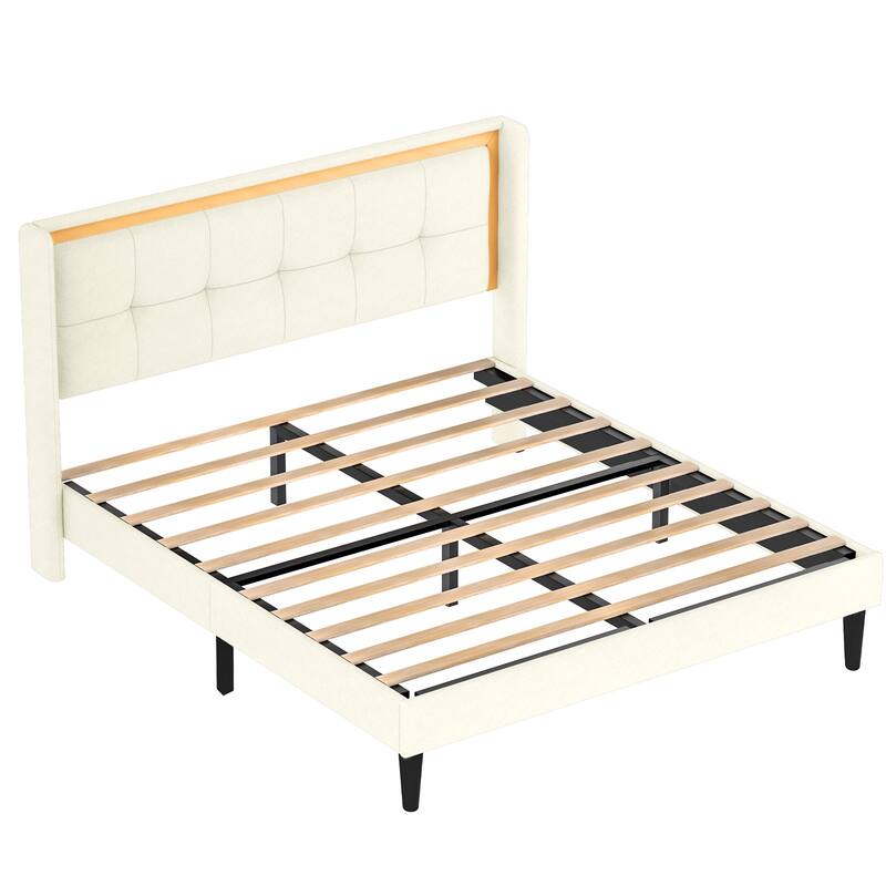 Upholstered Platform Bed with Headboard and Sturdy Wooden Slats