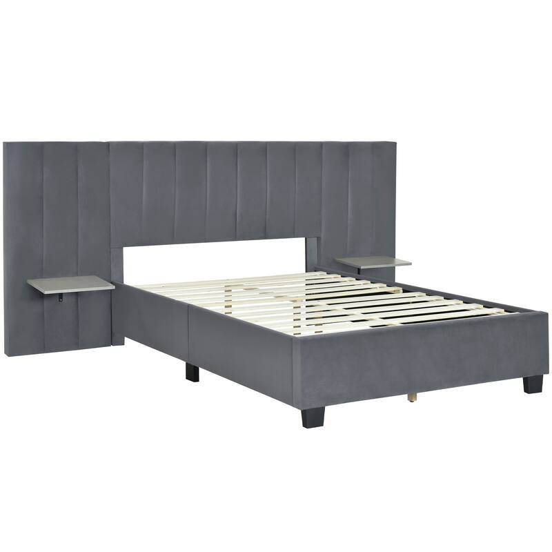 Modern Velvet Upholstered Platform Bed with Large Headboard
