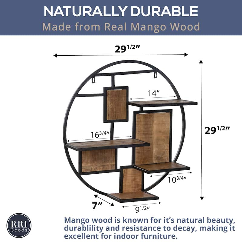 30" Round Floating Wall Shelf in Mango Wood and Metal Frame