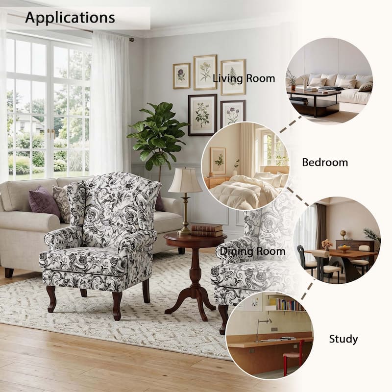 2 Set Traditional Rolled Arm Wing Back Accent Chair