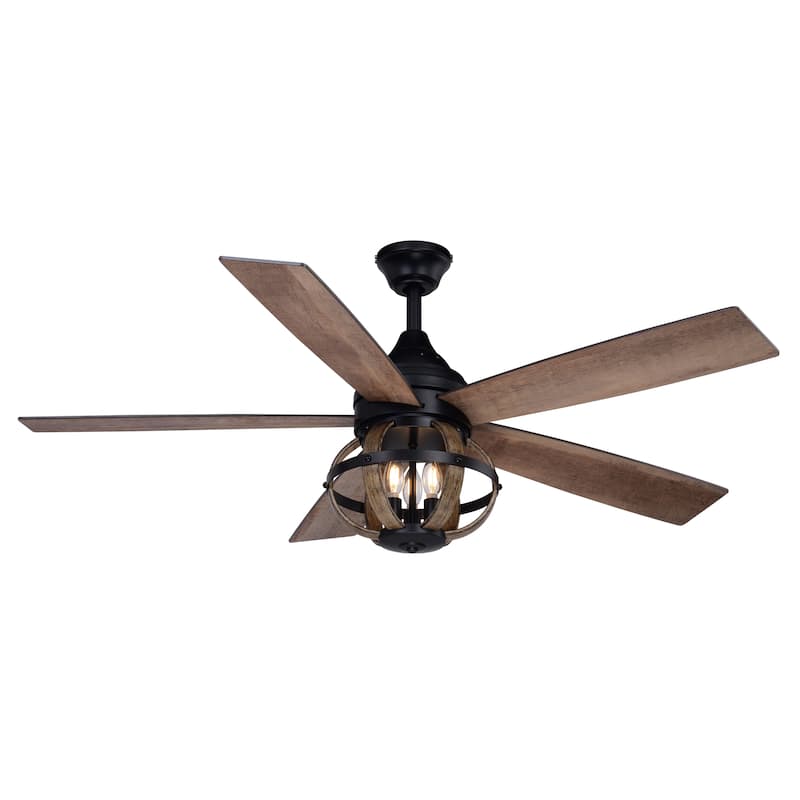 Huron Black and Burnished Teak Farmhouse Indoor Ceiling Fan with LED Cage Light Kit and Remote - 52-in W x 21-in H x 52-in D