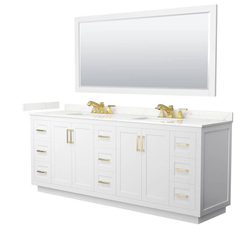 Miranda 84-inch Double Vanity, Quartz Top, 70-inch Mirror - White, Gold Trim, Giotto Quartz Top